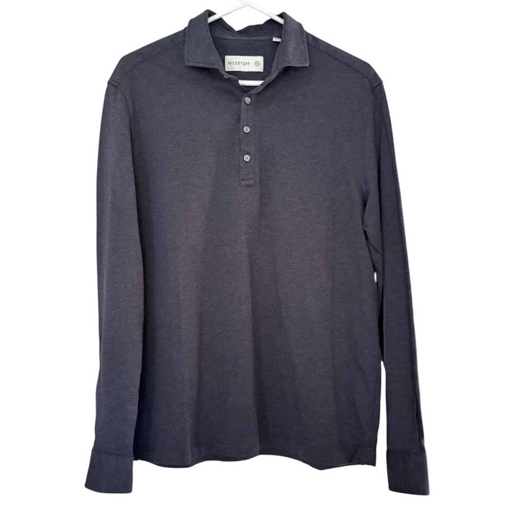 NICESTUFF Hudson Long Sleeve Slim Fit Polo Shirt LARGE Navy 100% Cotton